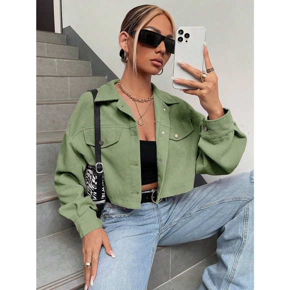 Minimalist Drop Shoulder Crop Corduroy Jacket shacket coat - Picture 11 of 11